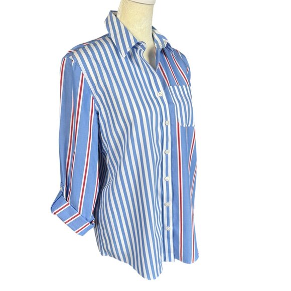 Lands' End red white and blue striped long sleeve collared button down shirt XSP - Picture 2 of 11